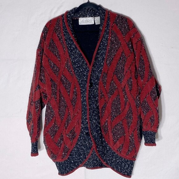 Vintage 90s Gil Aimbez Red & Dark Grey Oversized Cardigan L - Picture 16 of 16